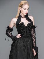 Devil Fashion SKT006 Robe longue noire velour laage au dos et dentelle, gothique lgant