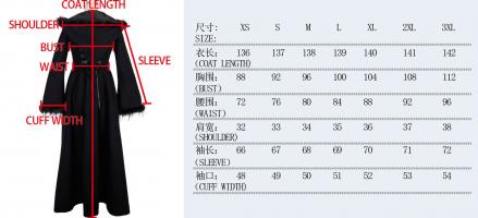 Devil Fashion CT01001 Black coat with hood, synthetic fur and lacing, Gothic Size Chart