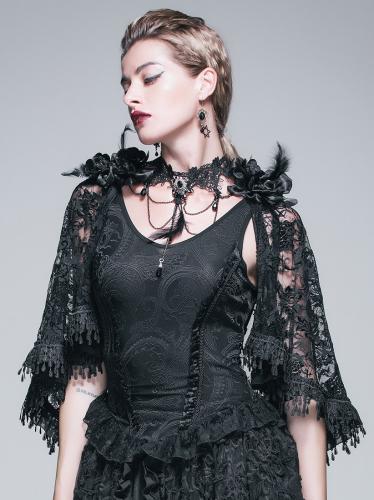 Devil Fashion TT026 Top lgant noir avec brocart et cape en dentelle, gothique romantique victorien