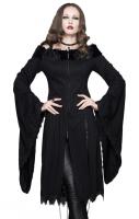 Elegant gothic priestess black Jacket dress flared sleeves and bare shoulders, embroidery