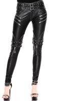 Black faux leather women trousers with straps and zip, gothic rock punk