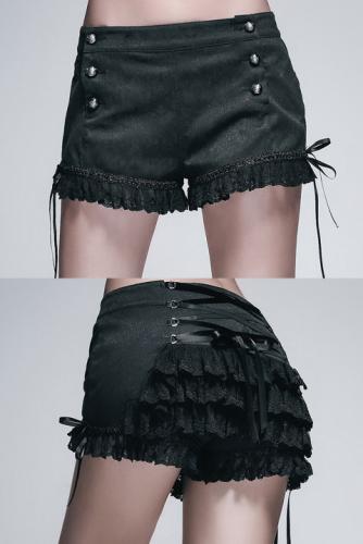Devil Fashion PT020 Black shorts with lace, lace-up and flounces on the back, elegant gothic aristocrat
