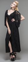 Devil Fashion SKT035 Long black dress with draped lace sleeves, gothic aristocratic patterns, evening cocktail