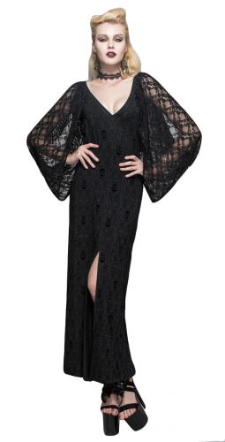 Devil Fashion SKT035 Long black dress with draped lace sleeves, gothic aristocratic patterns, evening cocktail