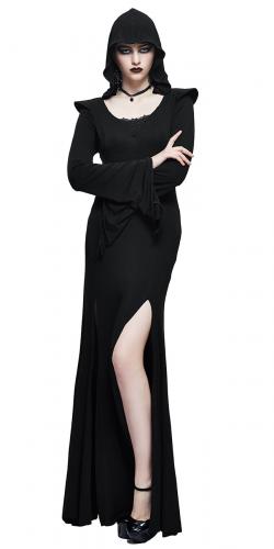 Devil Fashion SKT056 Longue robe noire fendue avec longues vases et capuche, gothique witchy