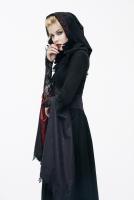 Devil Fashion CT070 Long black jacket dress with red satin lined, hood and long sleeves, witch vampire