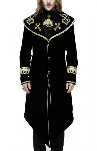 Devil Fashion CT05501 Manteau homme long en velours noir avec broderies et galons dors, lgant aristocrate