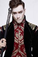 Devil Fashion CT11801 Black and red velvet long jacket, embroidered golden baroque patterns, aristocratic gothic