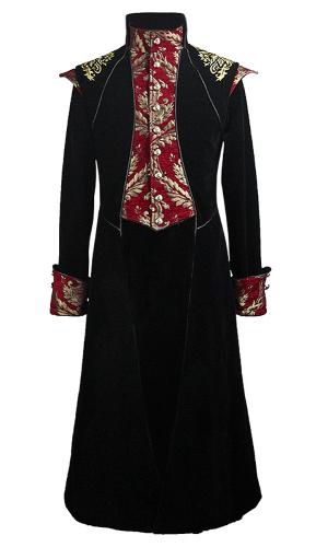 Devil Fashion CT11801 Black and red velvet long jacket, embroidered golden baroque patterns, aristocratic gothic