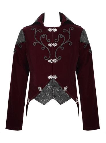 Devil Fashion CT14002 Veste en velours rouge avec broderies lgantes et motif noir vintage gothique aristocrate
