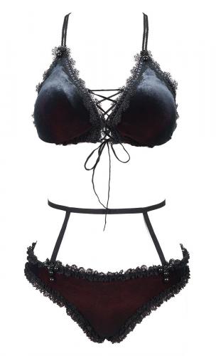 Devil Fashion SST018 Maillot de bain noir 2pcs  broderie, sangles et laage, lingerie lgant goth