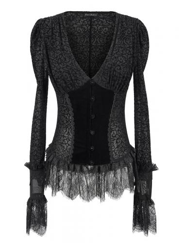 Devil Fashion SHT056 Chemise noire semi-transparente  motifs baroques et dentelle, lgant goth