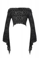 Devil Fashion TT155 Crop top noir argent motif floral lgant semi transparent et manches longues