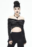 Devil Fashion TT155 Black silver crop top with elegant semi transparent floral pattern and long sleeves