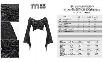 Devil Fashion TT155 Black silver crop top with elegant semi transparent floral pattern and long sleeves Size Chart