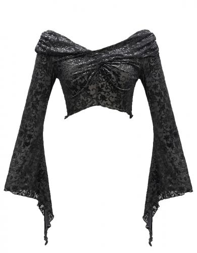 Devil Fashion TT155 Black silver crop top with elegant semi transparent floral pattern and long sleeves