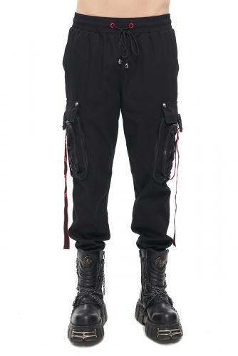 Devil Fashion PT176 Pantalon cargo noir homme avec grosses poches et bordures rouges, goth rock