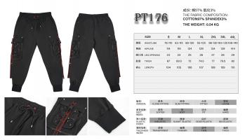 Devil Fashion PT176 Men\'s black cargo pants with large pockets and red borders, goth rock Size Chart