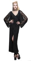 Long black dress with draped lace sleeves, gothic aristocratic patterns, evening cocktail
