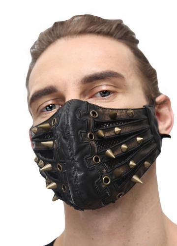 Devil Fashion MK01502 Black copper faux leather mask with strips and picks, gothic punk cyber, Unisex