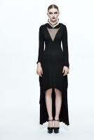 Devil Fashion SKT057 Long asymmetrical black dress with hood and transparent neckline, gothic witchy