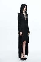 Devil Fashion SKT057 Long asymmetrical black dress with hood and transparent neckline, gothic witchy