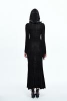 Devil Fashion SKT061 Black baroque pattern long dress with hood and flared sleeves, Gothic witch priestess