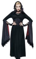 Long black jacket dress with red satin lined, hood and long sleeves, witch vampire