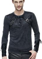 Long sleeved men anthracite black top with straps and lacing, Punk Goth Grunge