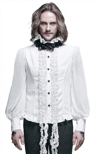 Devil Fashion SHT00302 White frilly men shirt, black roses, puffed sleeves, elegant gothic