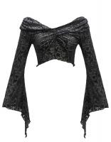 Black silver crop top with elegant semi transparent floral pattern and long sleeves